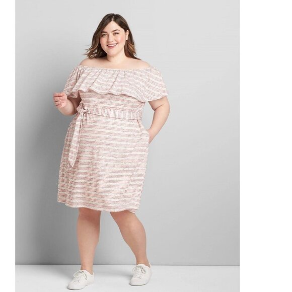 Lane Bryant Dress Off The Shoulder Gray Pink Stripe Tie Waist Dress P4984 - Picture 1 of 9